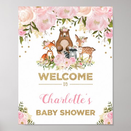 Girl Woodland Baby Shower Pink Floral Welcome Sign