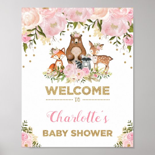 Girl Woodland Baby Shower Pink Floral Welcome Sign Zazzle Com