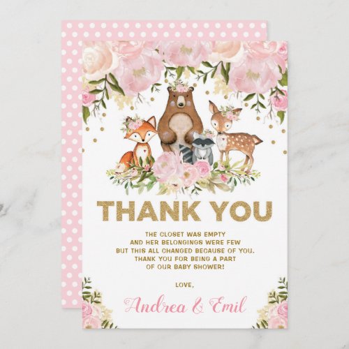 Girl Woodland Baby Shower Pink Gold Thank You Card