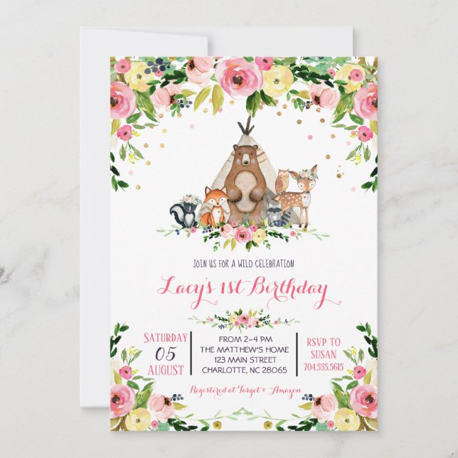 girl woodland birthday invitation (Front)