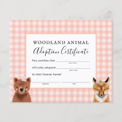 Girl Woodland Birthday Party Adoption Certificate