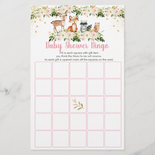 Girl Woodland Blush Floral Baby Shower Bingo Game