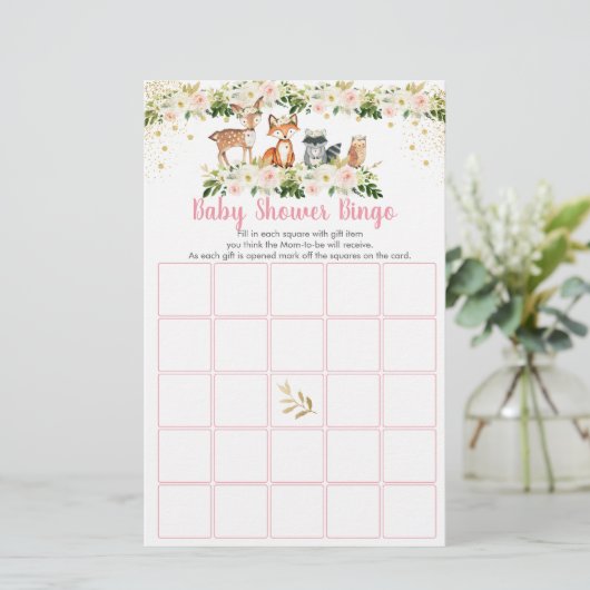 Girl Woodland Blush Floral Baby Shower Bingo Game (Standing Front)