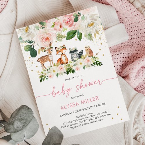 Girl Woodland Blush Floral Baby Shower Invitation