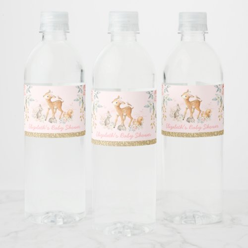 Girl Woodland Blush Pink Gold Floral Baby Shower Water Bottle Label