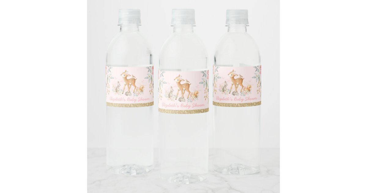 Girl Woodland Blush Pink Gold Floral Baby Shower Water Bottle Label | Zazzle