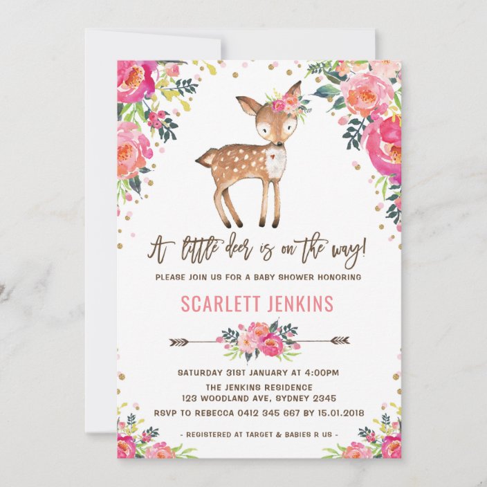 Greenery Woodland Watercolor Natural Modern Little Deer Baby Shower Invitation Pink Floral Wreath Girl Shower Invite Simple Prints