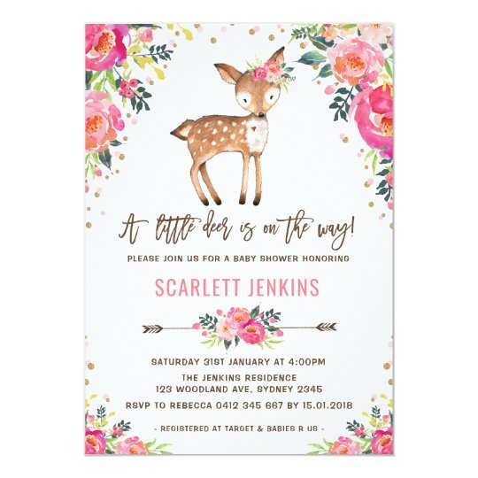 Girl Woodland Deer Baby Shower Invitation Floral Zazzle Com