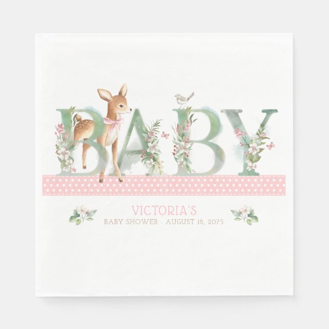 Girl Woodland Deer Baby Shower Paper Napkins (Front)