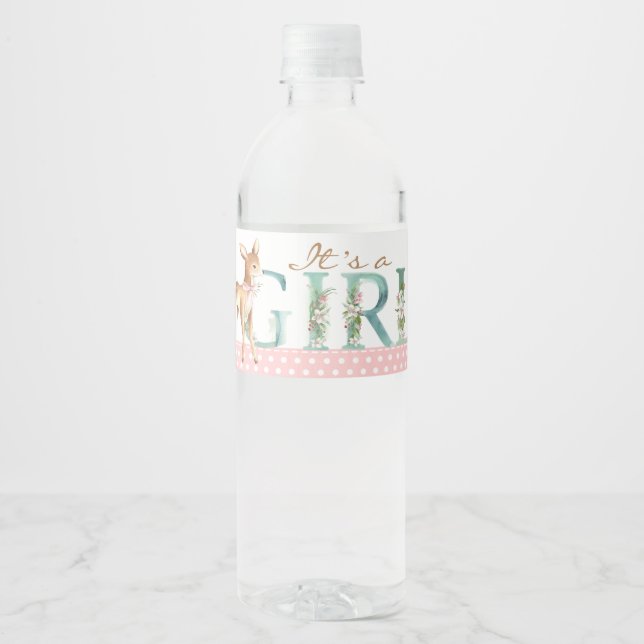 Girl Woodland Deer Baby Shower Water Bottle Labels (Front)