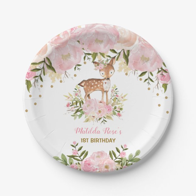 Girl Woodland Deer Pink Floral Forest Doe Birthday Paper Plates (Front)