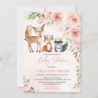 Girl Woodland Floral Baby Shower Invitation
