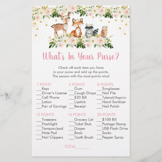 Girl Woodland Floral What's In Your Purse Game (Front)