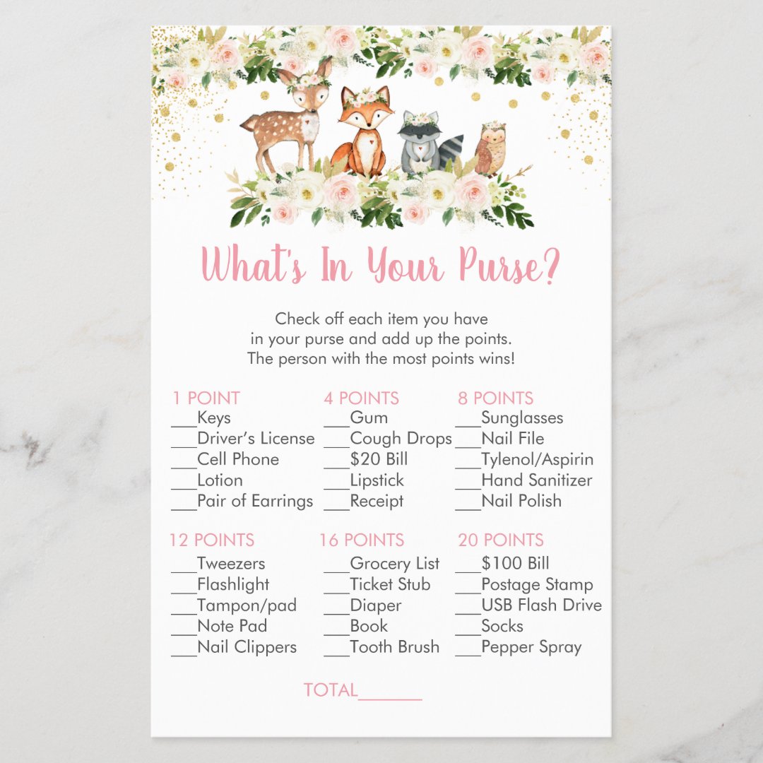 Girl Woodland Floral What's In Your Purse Game | Zazzle