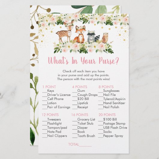 Girl Woodland Floral What's In Your Purse Game (Front/Back)