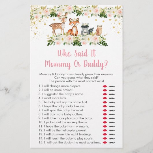 Girl Woodland Floral Who Said It Baby Shower Game (Front)