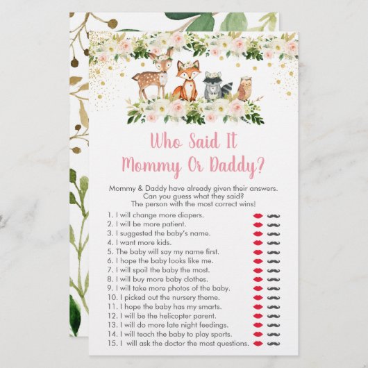 Girl Woodland Floral Who Said It Baby Shower Game (Front/Back)