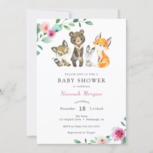 Girl Woodland Forest Animal Baby Shower Invitation