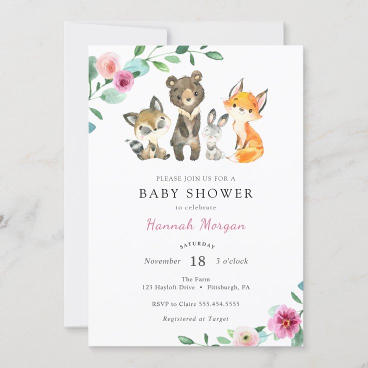 Girl Woodland Forest Animal Baby Shower Invitation | Zazzle