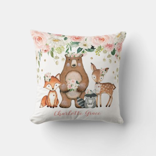 Girl Woodland Forest Animals Blush Floral Nursery Throw Pillow