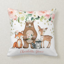 Girl Woodland Forest Animals Blush Floral Nursery Throw Pillow