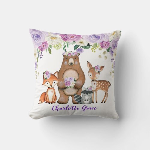 Girl Woodland Forest Animals Purple Floral Nursery Throw Pillow