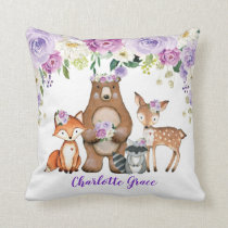 Girl Woodland Forest Animals Purple Floral Nursery Throw Pillow