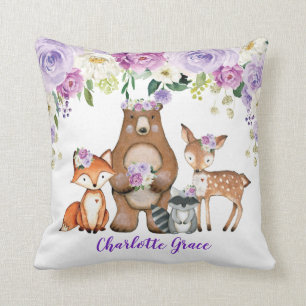 Girl Woodland Forest Animals Purple Floral Nursery Throw Pillow