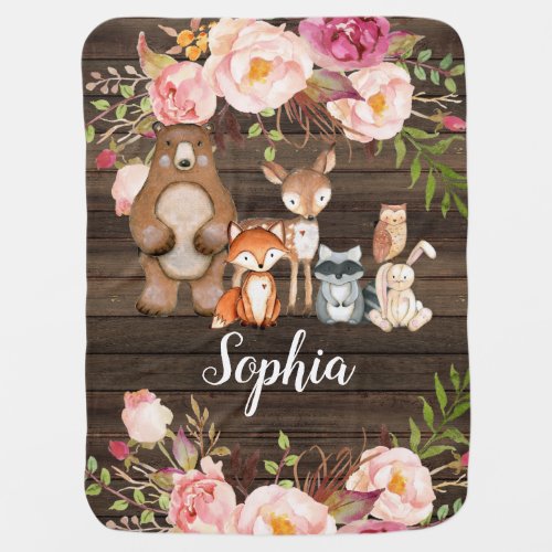 Girl Woodland Forest Animals Rustic Boho Floral Baby Blanket
