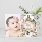 Girl Woodland Forest Pink Floral Wild One Birthday Invitation (Standing Front)