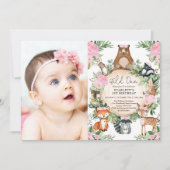 Girl Woodland Forest Pink Floral Wild One Birthday Invitation (Front)