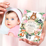 Girl Woodland Forest Pink Floral Wild One Birthday Invitation<br><div class="desc">She's turning a WILD ONE! Celebrate your little girl's 1st birthday with this whimsical woodland themed birthday invitation. The design features a group of adorable forest animals (bear,  fox,  deer,  owl,  raccoon),  pretty pink flowers and lush watercolor greenery.</div>