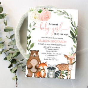 Girl woodland greenery blush floral baby shower invitation