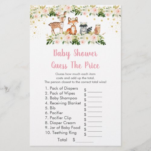 Girl Woodland Guess The Price Baby Shower Game