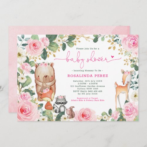 Girl Woodland Pink Floral Roses Forest Baby Shower Invitation