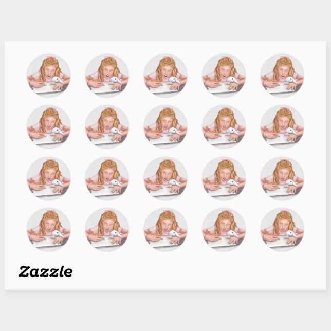 Girl writing with pet rabbit eating paper/original classic round sticker (Sheet)