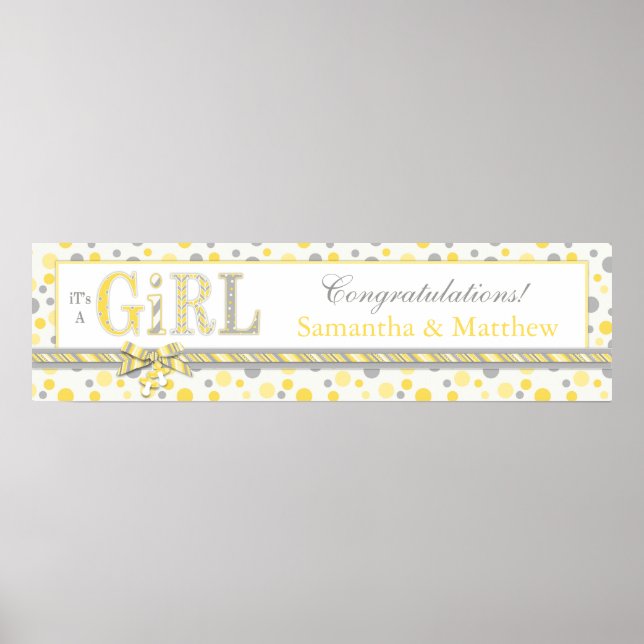 GIRL Yellow Gray Dots Baby Shower Banner Poster (Front)
