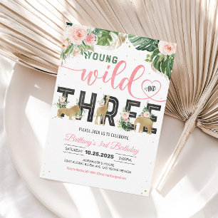 Girl Young wild and three Birthday Invitation