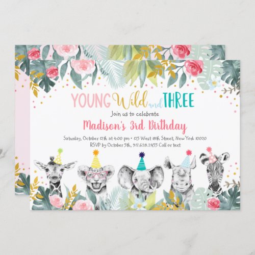 Girl Young Wild And Three Party Animal Birthday Invitation