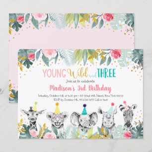Girl Young Wild And Three Party Animal Birthday Invitation