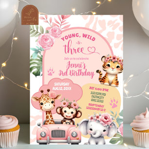 Girl Young Wild and Three Safari Animals Birthday  Invitation