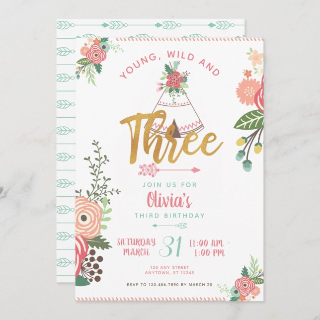 Girl Young Wild Three Boho Tribal Birthday Invite (Front/Back)