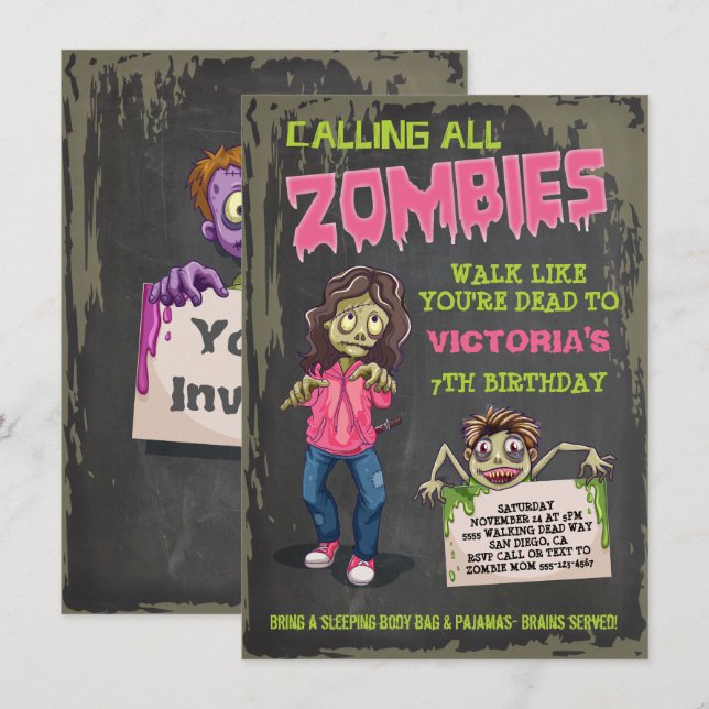 Girl Zombie Birthday Party Invitations (Front/Back)