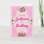 Girlfriend Birthday with Pink Roses Card<br><div class="desc">A pretty birthday card for a girlfriend. An elegant tracery in pink sets of the four pink roses. The background is a pale pink pattern of flowers. A lovely card to send to a girlfriend on her birthday.</div>