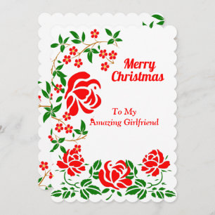 Girlfriend Elegant Merry Christmas Red Roses Green Holiday Card