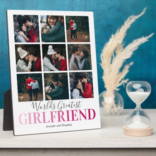 Girlfriend Gift | Worlds Greatest Photo Plaque - Personalized girlfriend photo plaque featuring a stylish white background that can be changed to any color, a 9 picture collage template for you to customize, the saying "worlds greatest girlfriend", and your names.