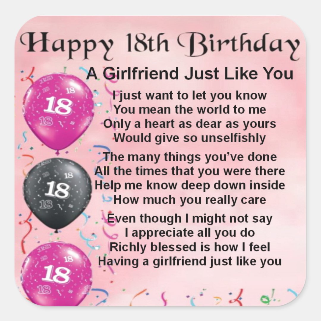 Girlfriend Poem 18th Birthday Square Sticker Zazzle