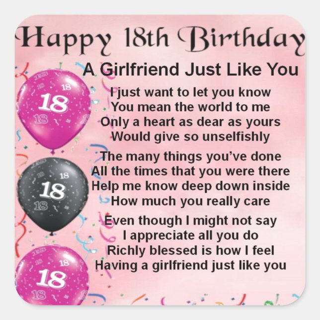 Girlfriend Poem - 18th Birthday Square Sticker (Front)