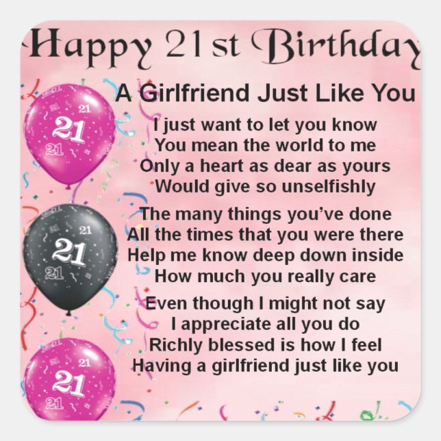 Girlfriend poem - 21st Birthday Design Square Sticker (Front)