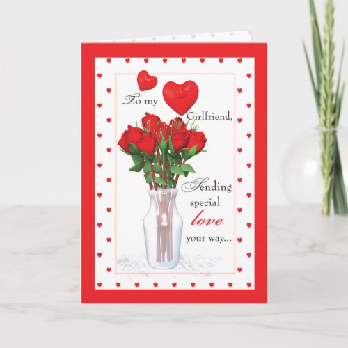 Girlfriend Valentines Day Red Roses Hearts Holiday Card